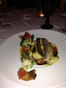 Pan fried  Sea Bream, with wild mushrooms, Tempura avocado and broccoli / cauliflower florets